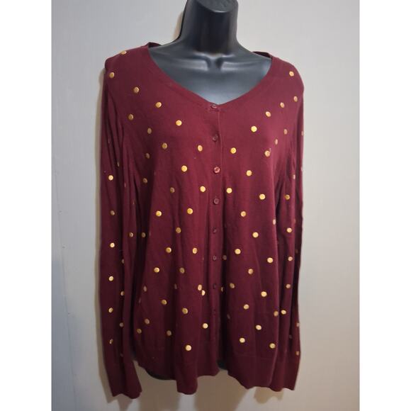 Old Navy Cardigan XL Golden Embroidered Polka-Dots Button Down Casual Preppy - Picture 2 of 11